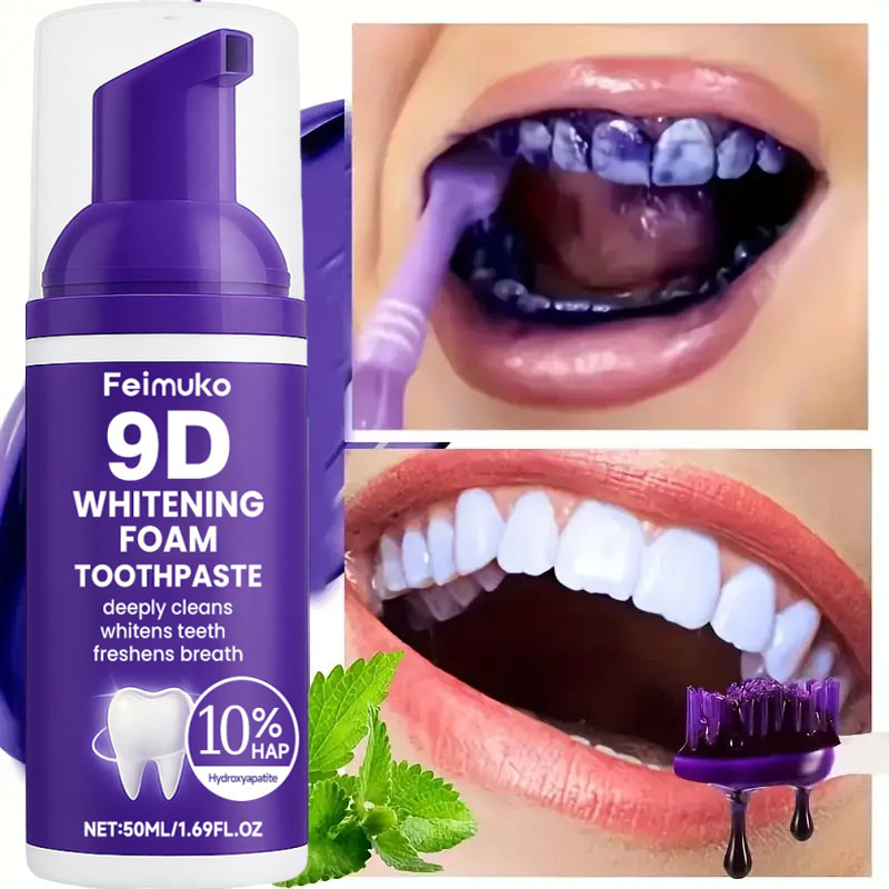 9D 퍼플 치아 미백 치약 무스, 누런 치아 및 플라그 - Teeth Whitening Cream 리뷰 및 가격